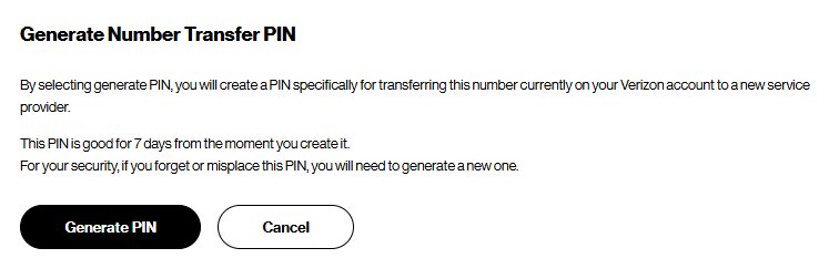 Verizon Generate Number Transfer PIN prompt with Generate PIN button