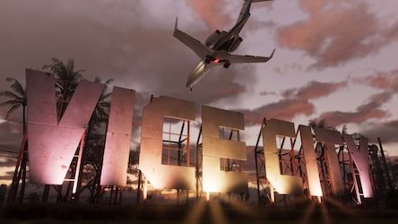 Vice City sign at sunset with a jet flying overhead