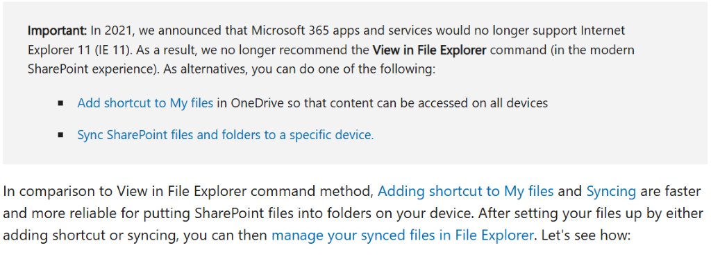 View in File Explorer SharePoint command no longer recommended by Microsoft