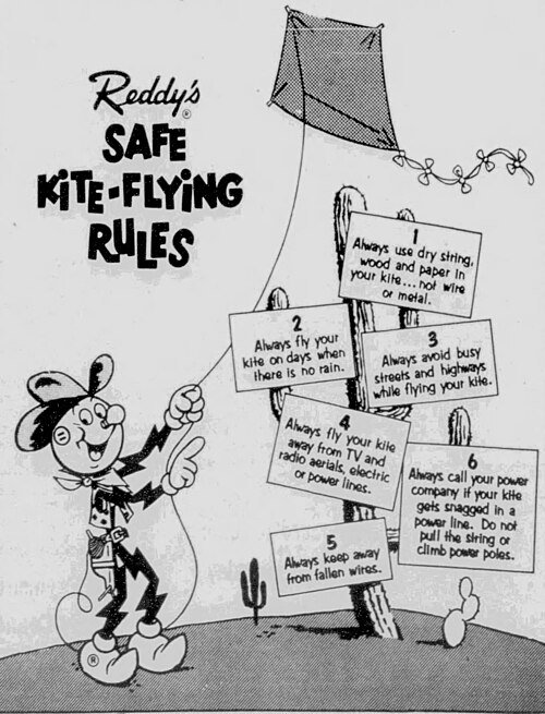 Vintage kite-flying safety rules poster warning about power lines