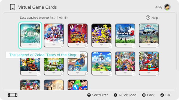 Virtual Game Cards screen listing a library of digital Switch games