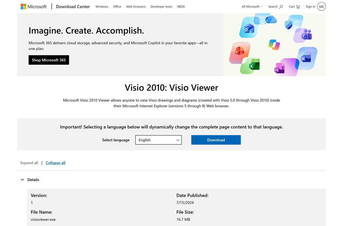 Microsoft Download Center page for the older 2010 diagram viewer release