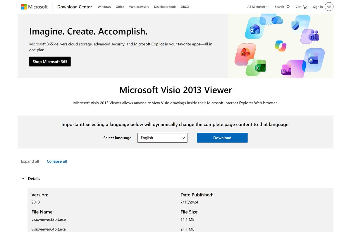 Microsoft Download Center page offering the free diagram viewer in 27 languages