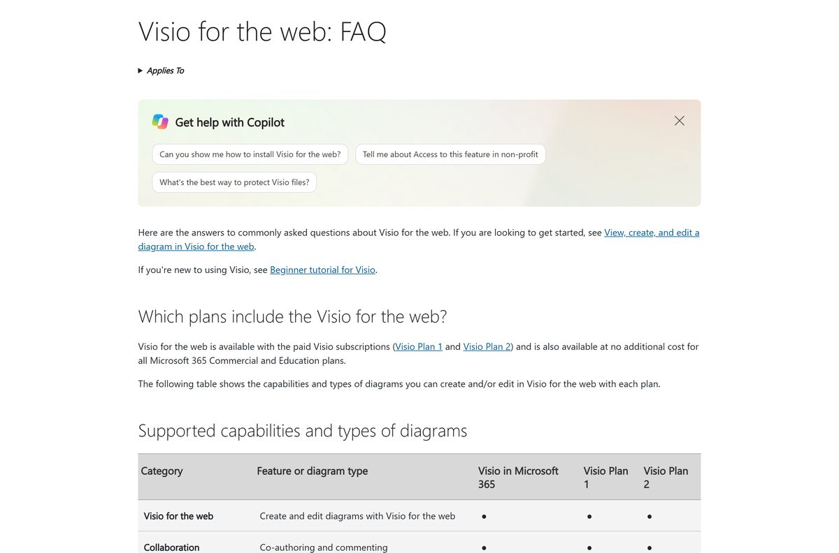 Microsoft support FAQ describing read-only diagram viewing in any browser