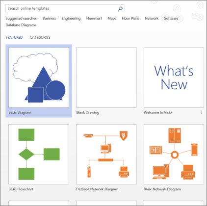 Visio template gallery with Basic Diagram, Blank Drawing and Basic Flowchart options