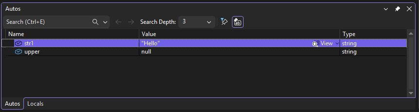 Visual Studio Autos window listing a string variable whose value is null
