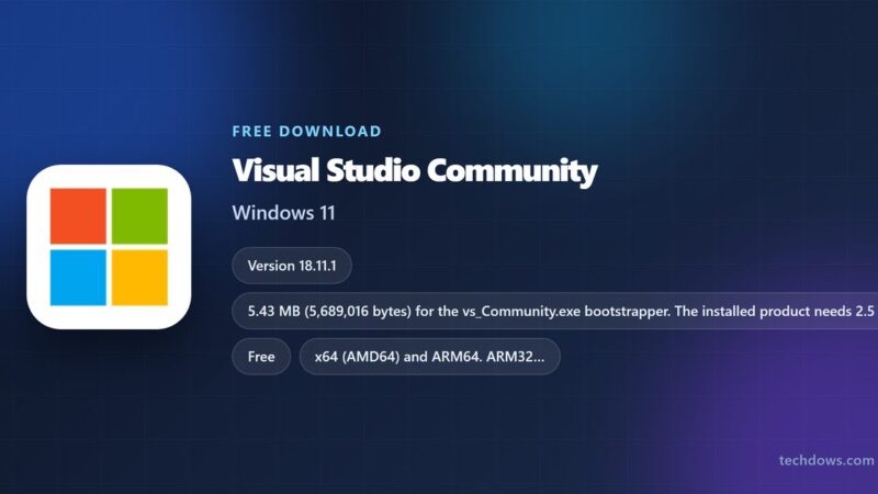 Visual Studio Community card with version, licence, size and supported Windows releases