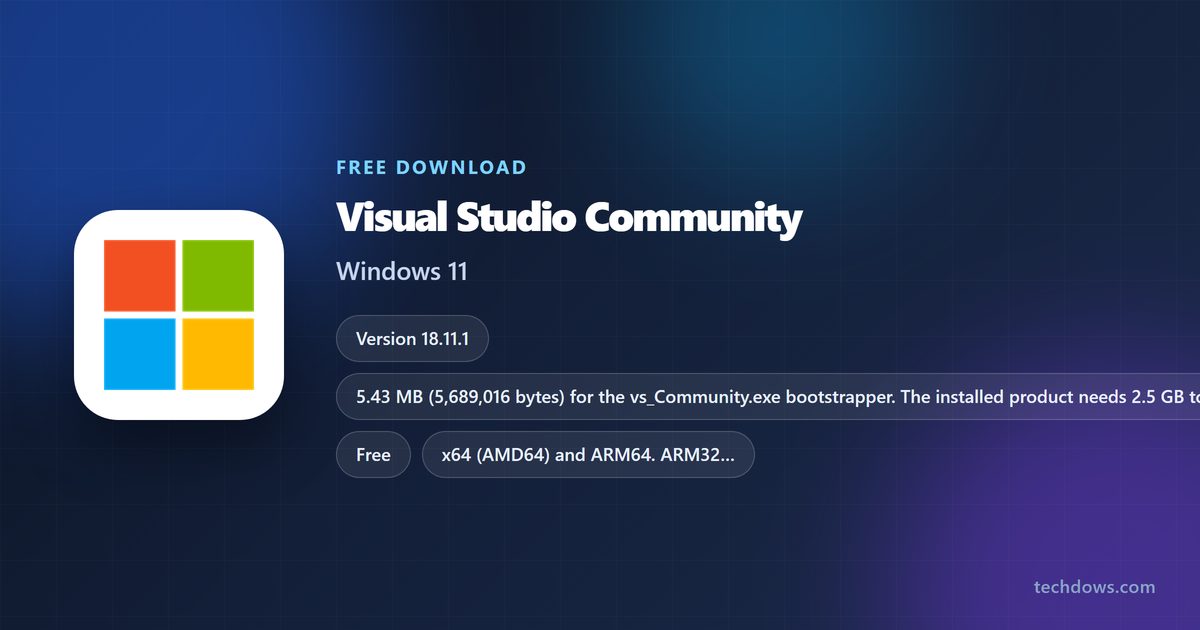 Visual Studio Community card with version, licence, size and supported Windows releases