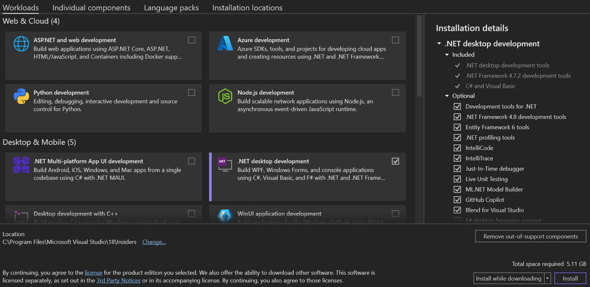 Visual Studio Installer Workloads tab with .NET desktop development selected