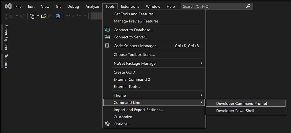Visual Studio Tools menu open at Command Line with Developer Command Prompt