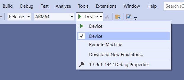 Visual Studio toolbar set to Release, ARM64 and the Device target