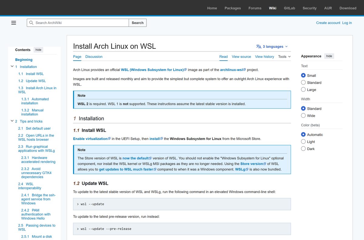 ArchWiki page on installing Arch Linux under WSL 2