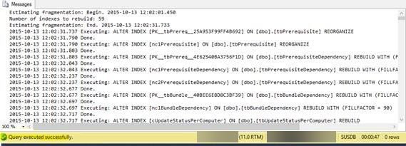 WSUS database reindex script output showing SUSDB indexes rebuilt