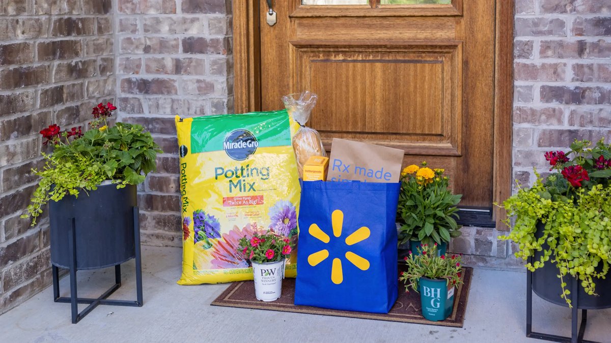 Walmart delivery bag and groceries left on a front doorstep