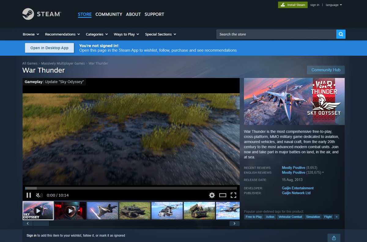 War Thunder Steam page showing the free vehicle combat game