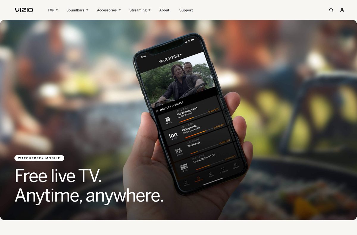 WatchFree+ page for streaming free live TV in VIZIO Mobile