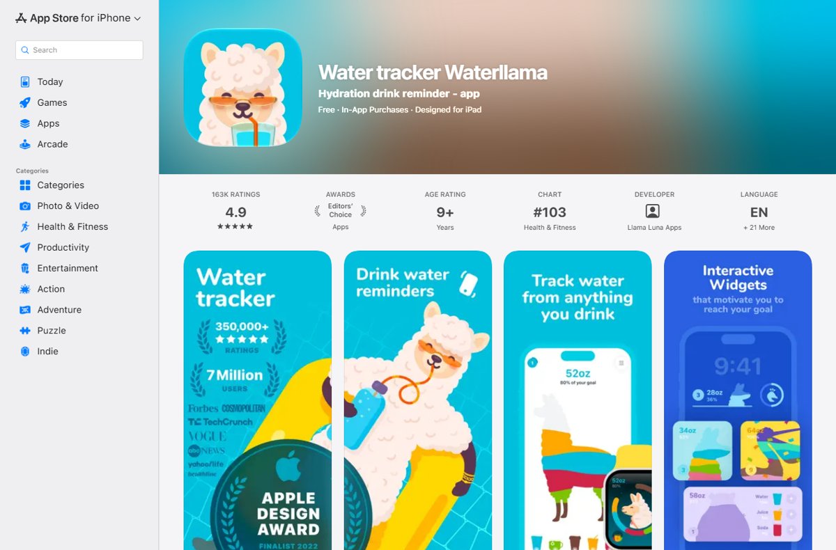 Waterllama listing on the App Store with ratings and screenshots