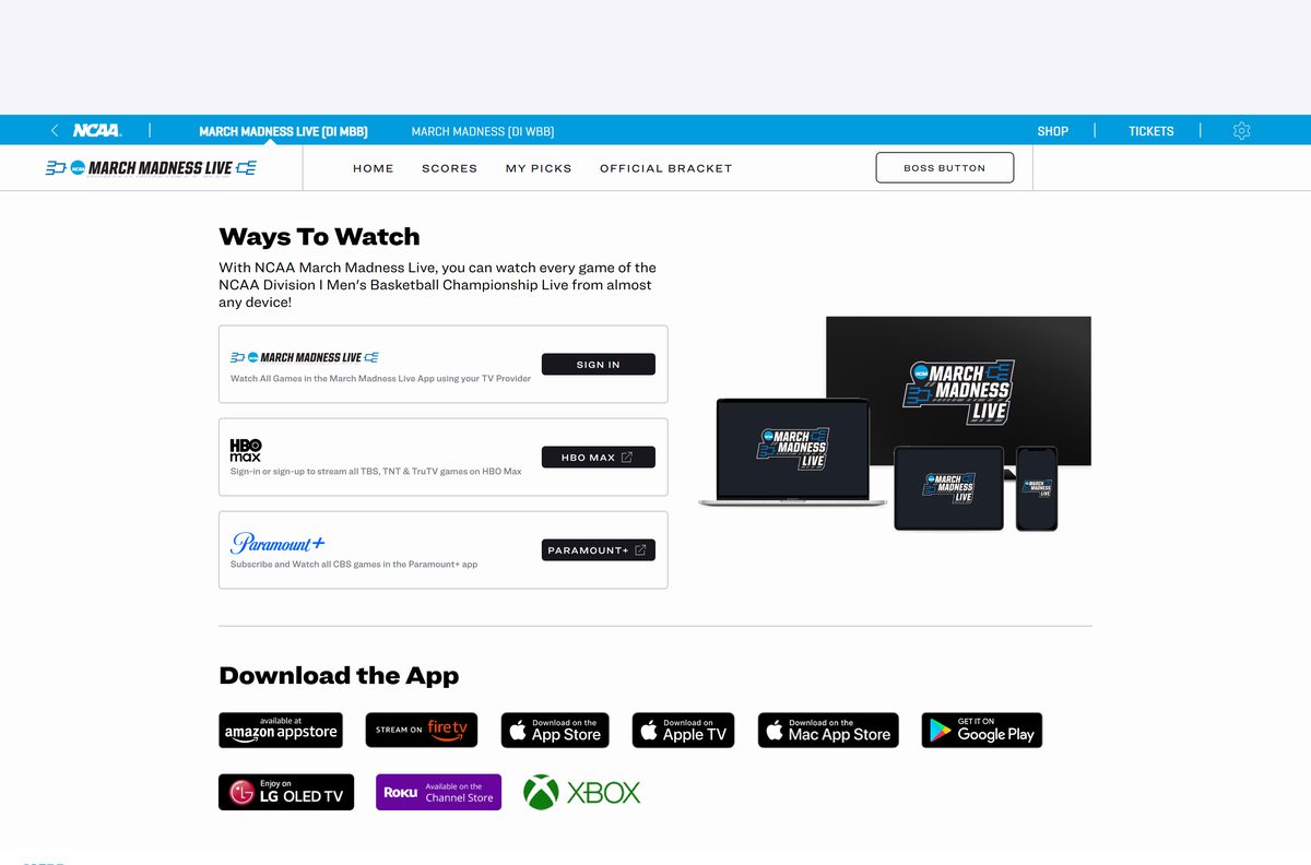 NCAA Ways To Watch page for March Madness Live streaming options