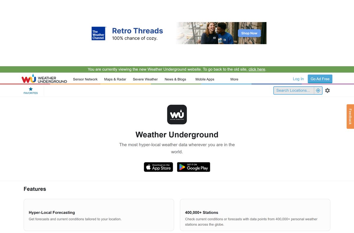 Weather Underground mobile apps page with its feature list