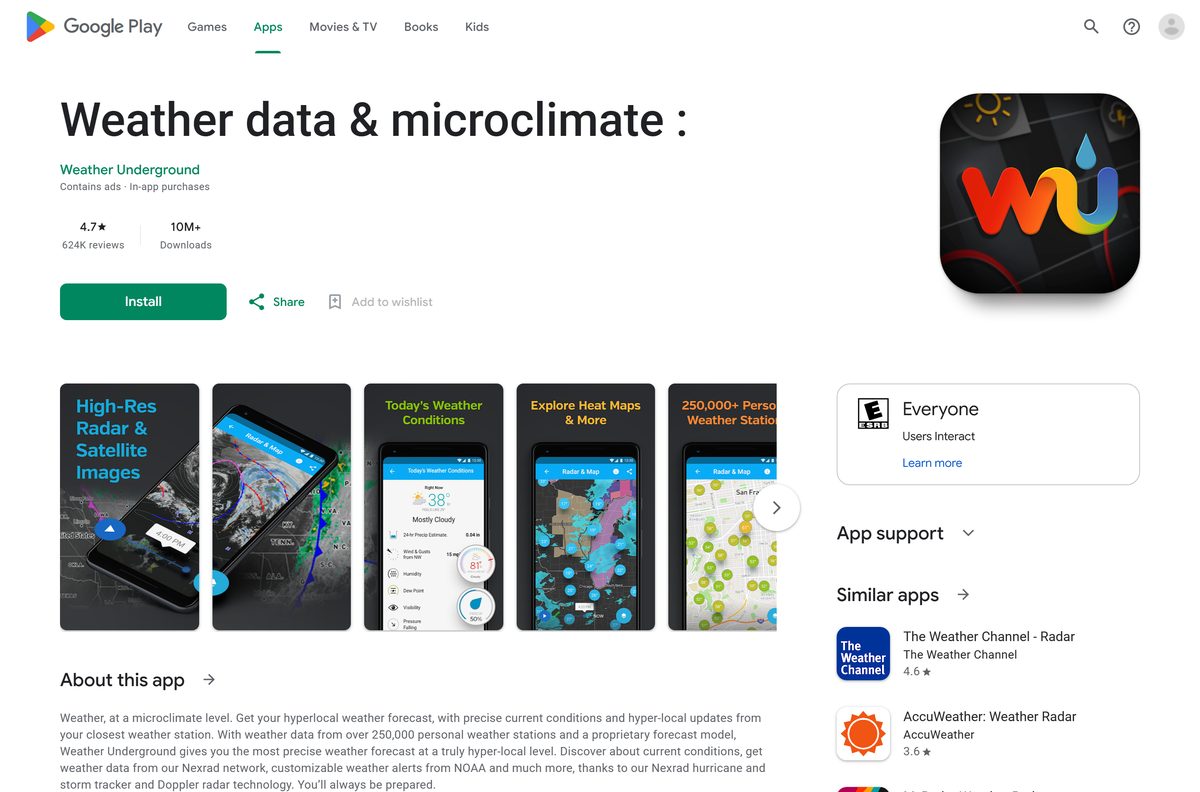 Google Play listing for Weather Underground with its downloads and ad labels