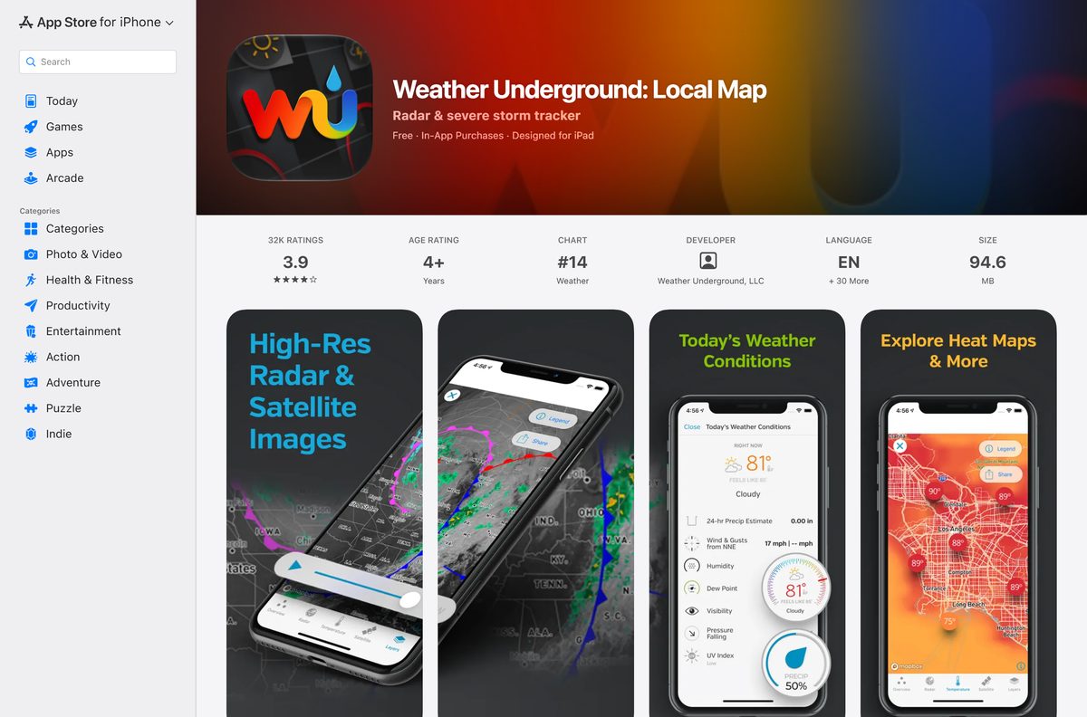 App Store listing for Weather Underground with its rating and size