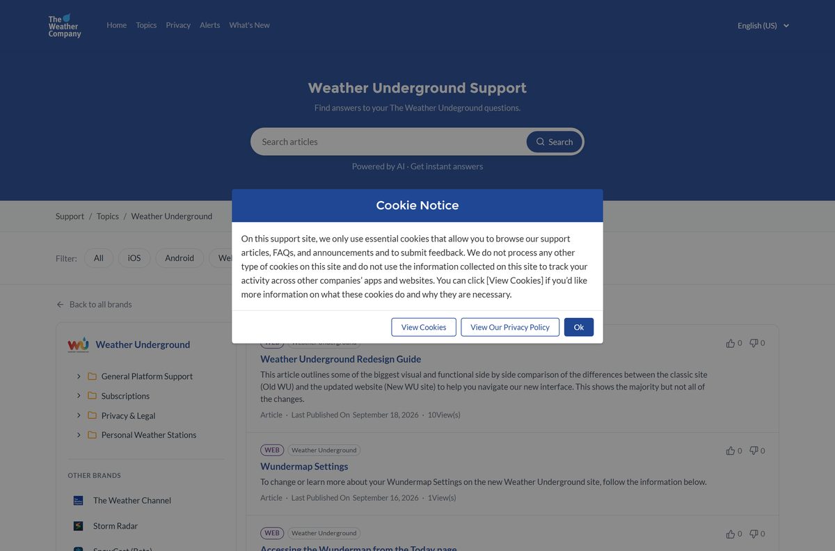 Weather Underground support hub with iOS, Android and web topics