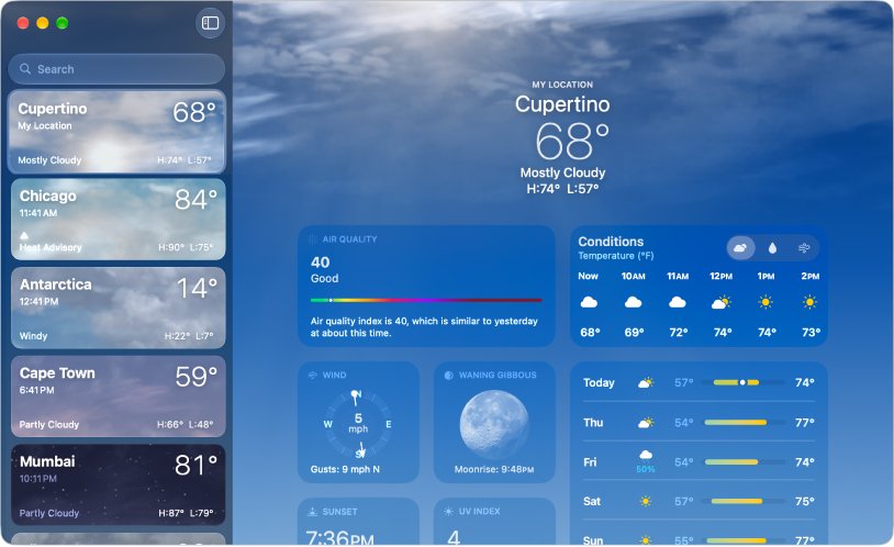 Weather app on Mac with saved cities, air quality, hourly and 10-day forecasts