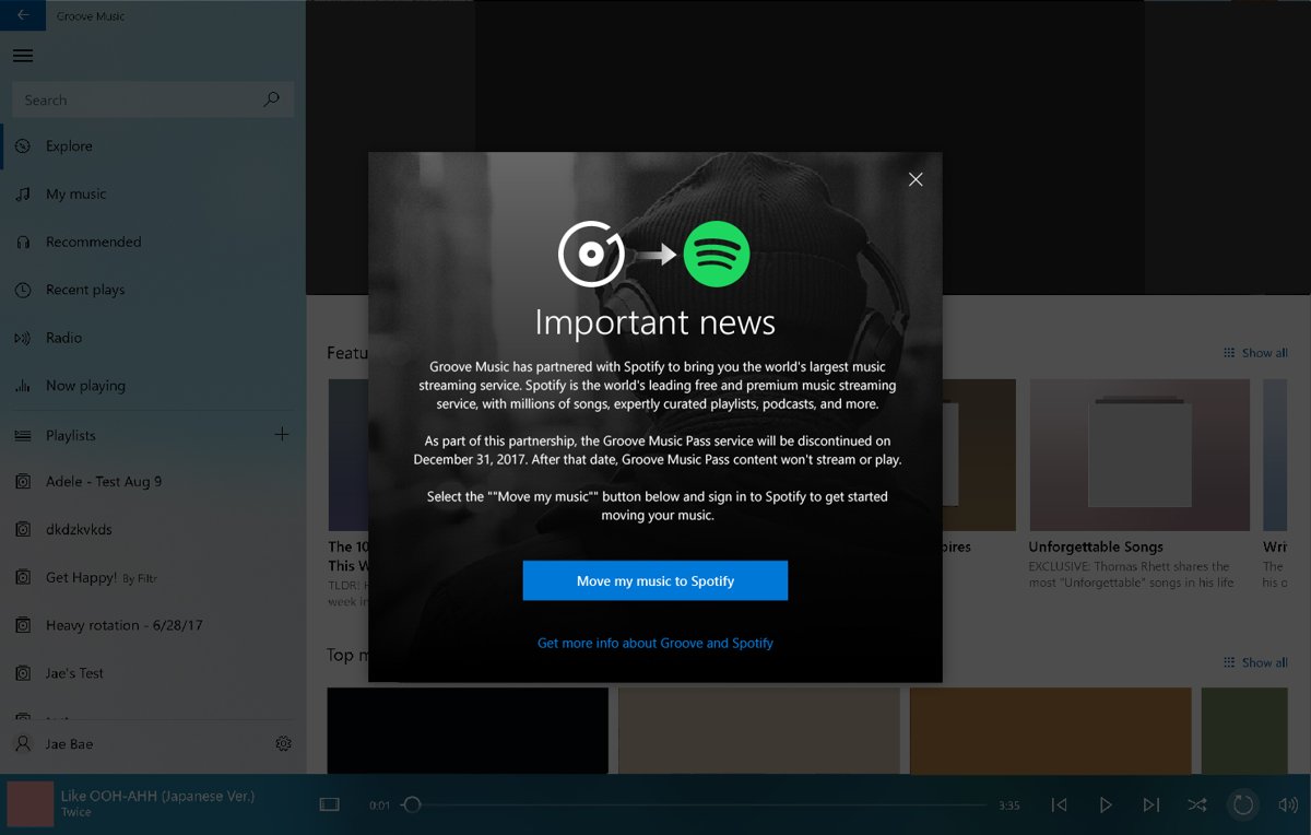 What happened to Groove Music: the Important news prompt about Spotify