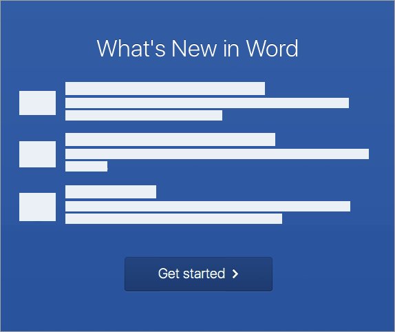What's New in Word window with a Get started button on Mac