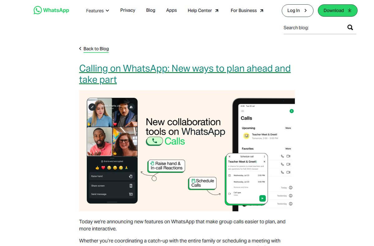 WhatsApp Calls tab with an upcoming call and the Schedule call form