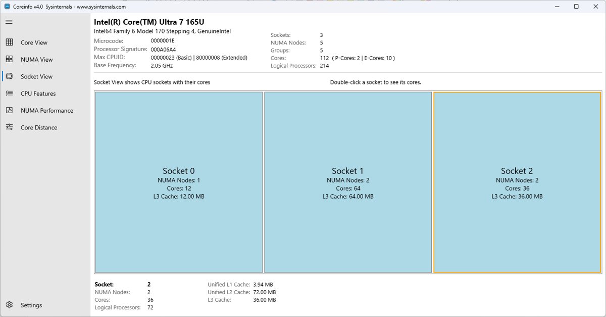 Where cache memory is located in a CPU, shown in Coreinfo Socket View