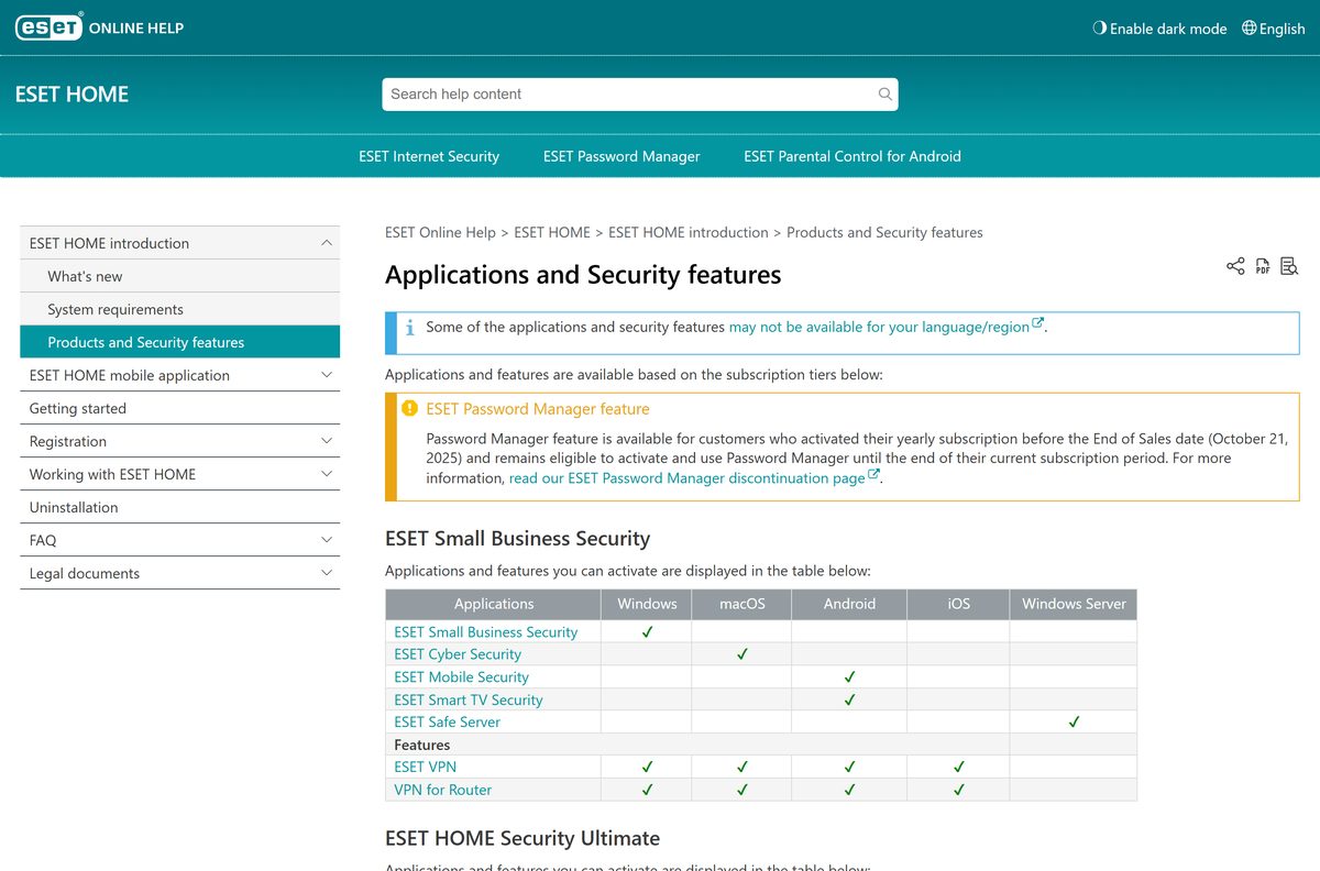 ESET feature matrix mapping each subscription tier to its Windows application
