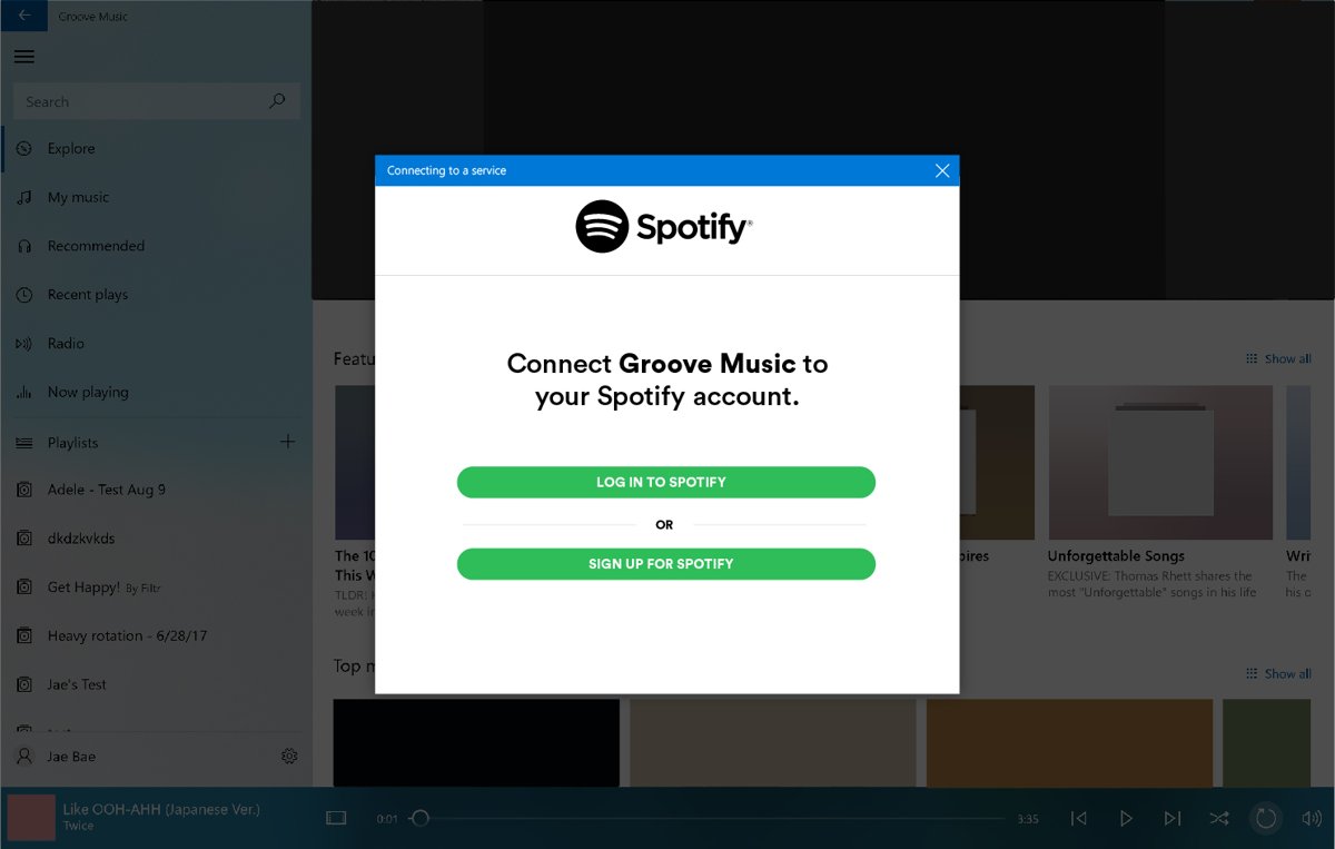 Why Groove Music ended: connect Groove Music to your Spotify account prompt