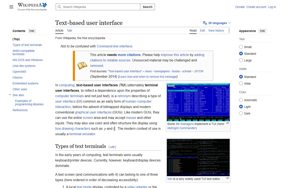 Wikipedia article on text-based user interfaces showing Midnight Commander and Vim