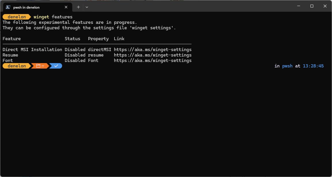 WinGet settings experimental features shown by the winget features command