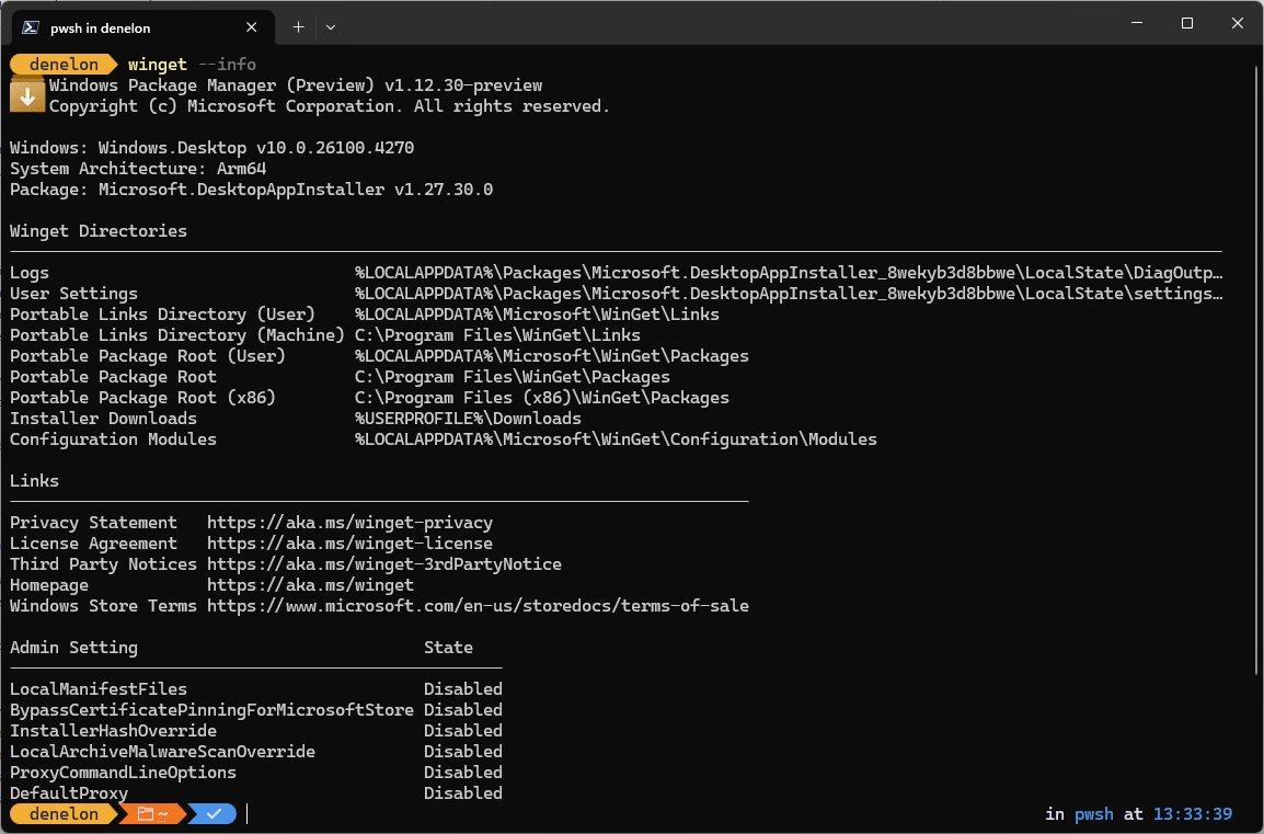 WinGet troubleshooting with winget --info showing the Logs folder path