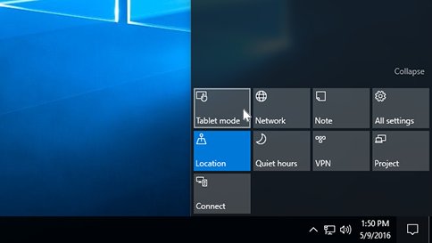 Windows 10 Action center quick actions with the Tablet mode tile