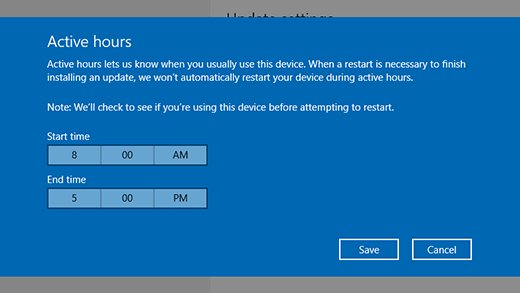 Windows 10 Active hours dialog with start and end time fields