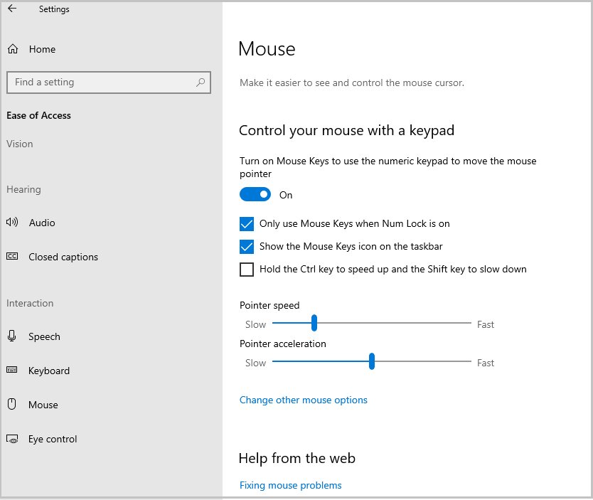 Windows 10 Ease of Access Mouse page with Mouse Keys switched on