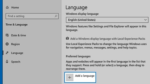 Windows 10 Language settings page with the Add a language button highlighted