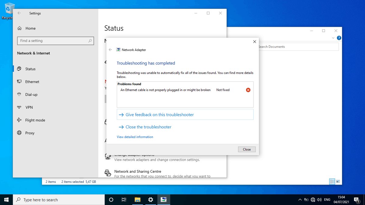 Windows 10 Network Adapter troubleshooter showing a problem found and not fixed