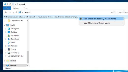 Windows 10 Network folder banner saying network discovery is turned off
