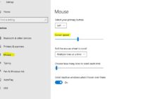 Windows 10 Settings Mouse page with the Cursor speed slider highlighted