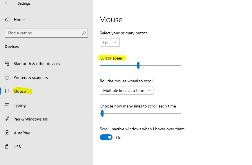 Windows 10 Settings Mouse page with the Cursor speed slider highlighted