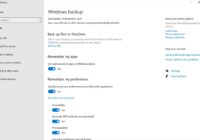 Windows 10 Settings Windows backup page with Remember my preferences turned on