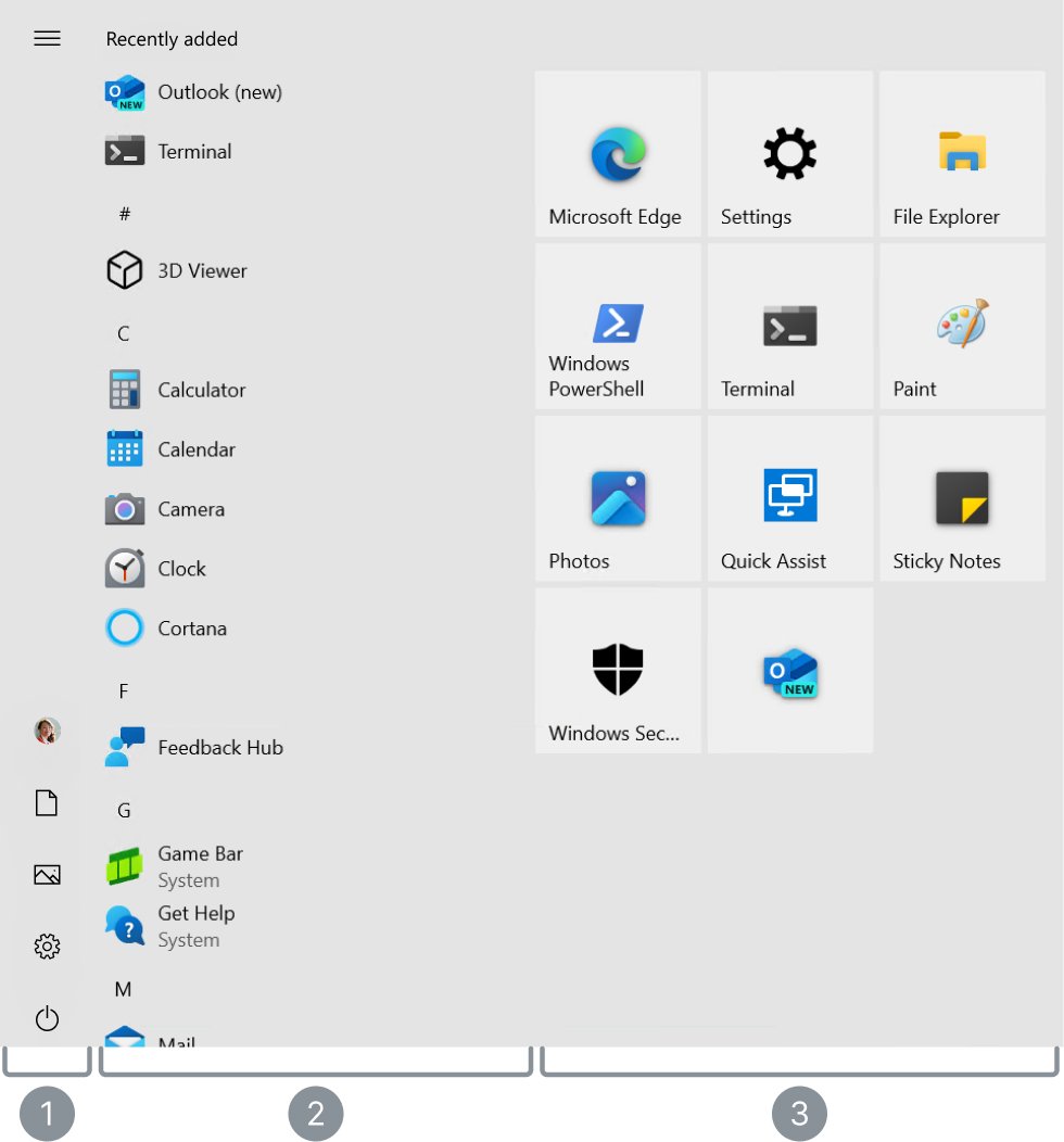 Windows 10 Start menu with alphabetical app list and tiles