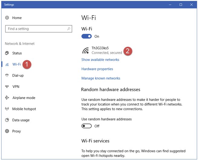 Windows 10 Wi-Fi settings page showing a connected, secured network