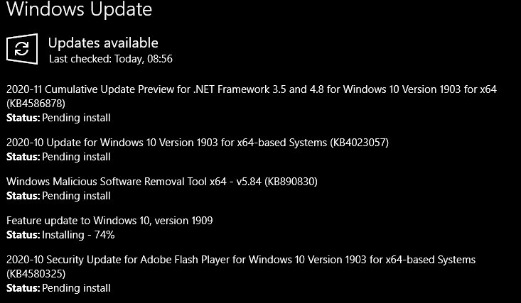 Windows 10 Windows Update page listing several updates with Pending install status