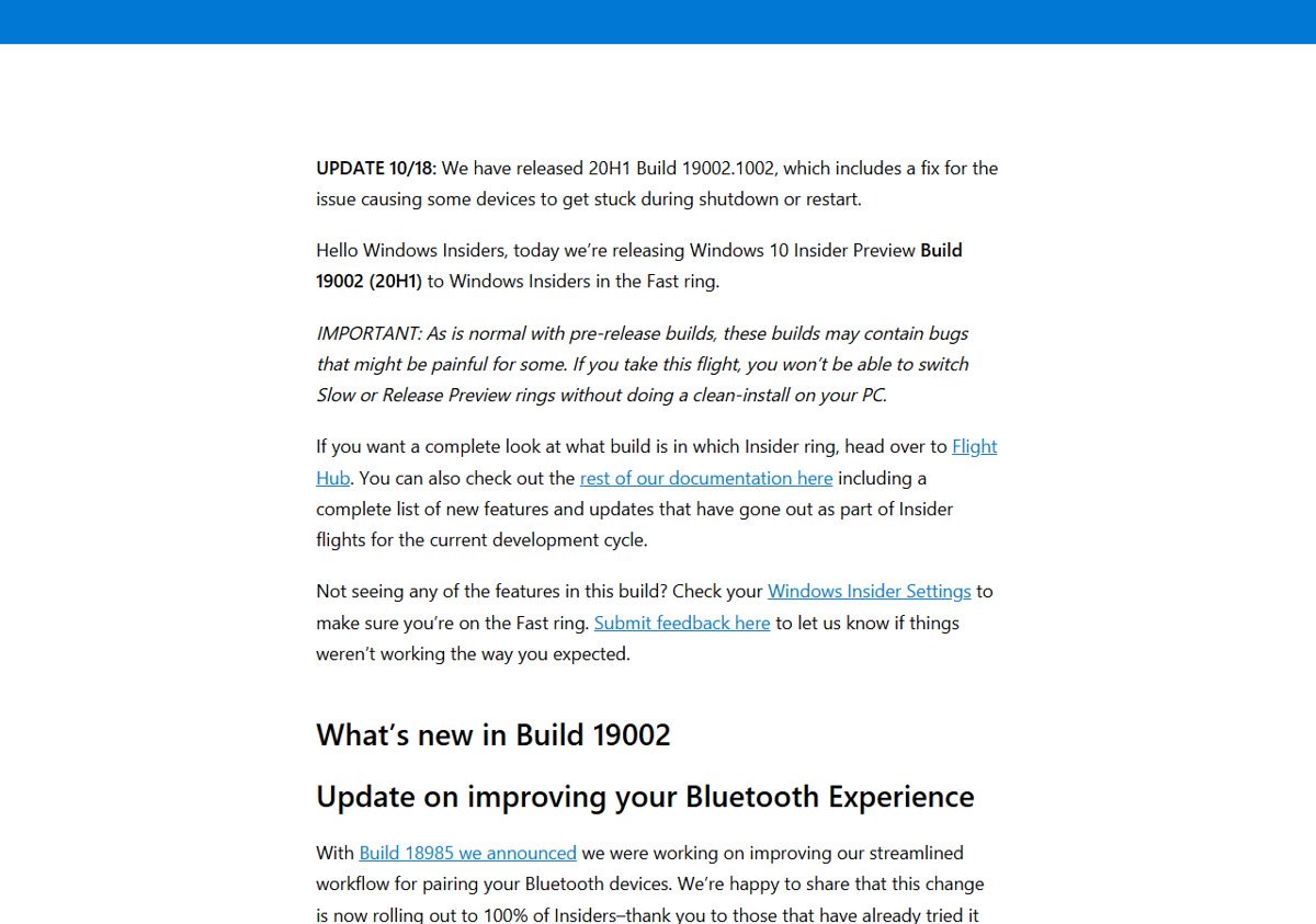 Windows 10 build 18999 shutdown issue fixed in build 19002.1002