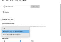 Windows 10 headphone Device properties with the Spatial sound format list open